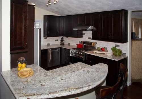 White Spring Granite Dark Cabinet Backsplash Ideas